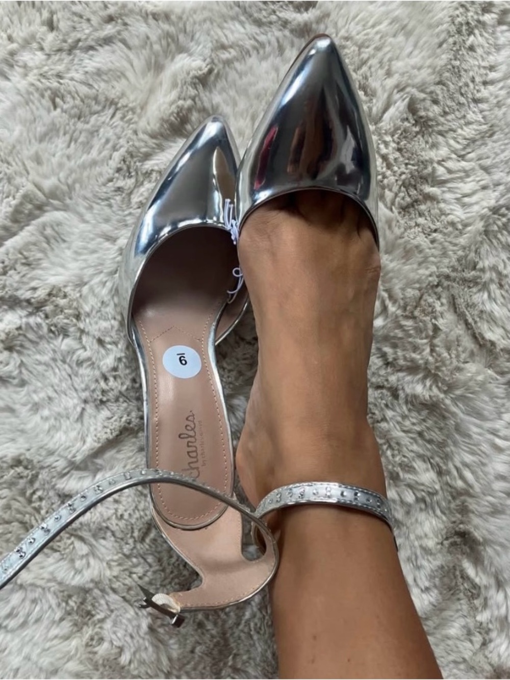 Charles By Charles David Metallic Silver Pointed Toe Ankle Strap Flats